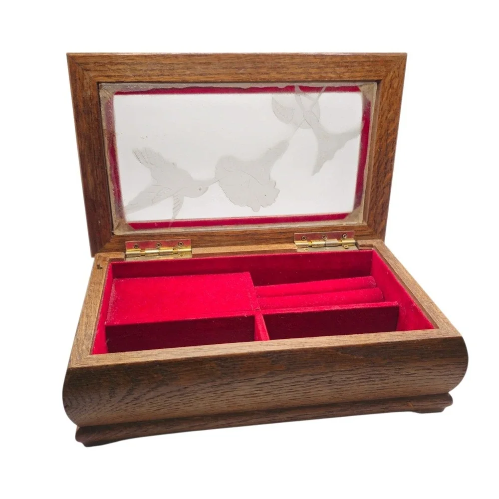 Willits Co. Wood & Humming Bird Etched Glass Jewelry Music Box Beautiful Dreamer
